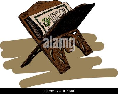 The holy book of the Koran on the stand, Hand Drawn Sketch Vector illustration. Stock Vector