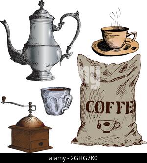 Coffee set. Collection of hand drawn sketches in engraving style. Coffeepot, cezve, coffee grinder, bag of coffee. Vintage vecto Stock Vector
