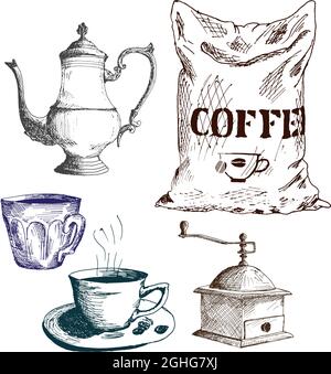 Coffee set. Collection of hand drawn sketches in engraving style. Coffeepot, cezve, coffee grinder, bag of coffee. Vintage vecto Stock Vector