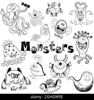 Set of hand drawn sketch style fictional little monsters isolated on white background. Vector illustration. Stock Vector