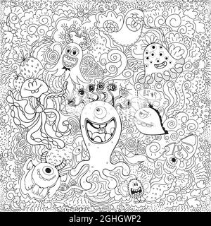 Composition of hand drawn sketch style fictional little monsters isolated on white background. Vector illustration. Stock Vector