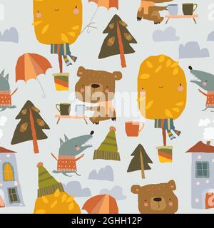 Seamless Pattern with Funny Animals and Autumn Elements Stock Vector