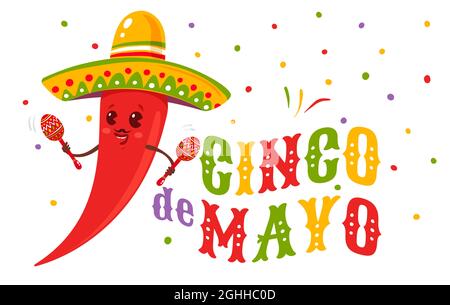 Vector poster for Cinco de mayo with chili with mexican sombrero and maracas. Cinco de mayo festive. Vector illustration of chilli in sombrero for Cin Stock Vector