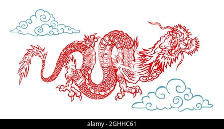 Vector illustration of a Chinese dragon. Red asian dragon with clouds. Stock Vector