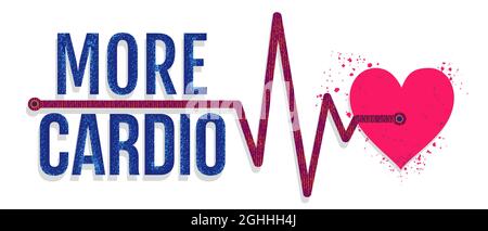 Vector illustration of a red heart with pulse and text of more cardio. Heart and pulse. Cardio heart for print on t-shirt. Stock Vector