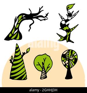 Sets of trees in an abstract twisted style. Vector illustration Stock Vector