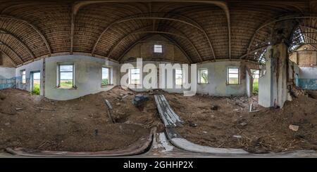 360 seamless spherical hdri panorama view inside frame of abandoned house with concrete walls and foundation and wooden roof in equirectangular projec Stock Photo