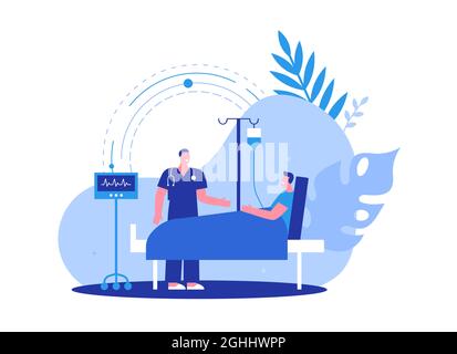 Medical care illustration concept in modern flat cartoon style. Happy man patient with doctor doing recovery treatment or surgery preparation lying on Stock Vector