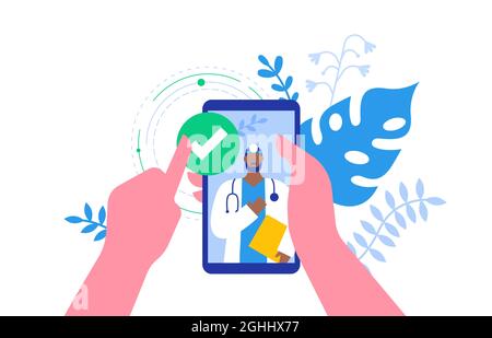Modern doctor consultation phone app with patient hands holding smartphone mobile screen. Medical exam video call or hospital appointment from home on Stock Vector