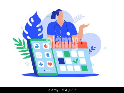 Online doctor consultation illustration concept. Modern flat medical cartoon of smart phone with medicine apps and calendar for hospital appointment o Stock Vector