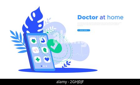 Doctor phone app consultation web template illustration for medical care concept at home. Smartphone mobile screen with health application icons, natu Stock Vector