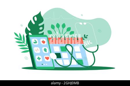 Modern phone doctor app illustration concept with calendar planner and medical stethoscope for online medicine consultation or health check on isolate Stock Vector