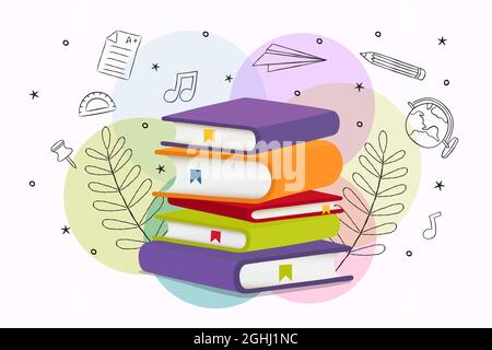 Big reading books pile on isolated white background. Colorful flat cartoon style illustration for book fair or school education concept. Stock Vector