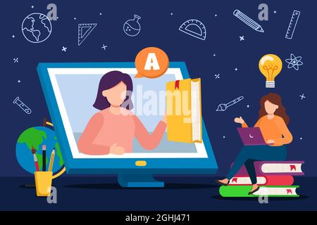 Young woman student character reading book with teacher in online computer class, flat cartoon illustration. E-learning or remote education concept. Stock Vector
