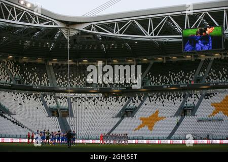 Turin, Italy, 25th May 2021. Players an officials observe a minute's silence for the victims of the Mottarone Cable car disaster which claimed the lives of fourteen people of Sunday 23rd of May 2021, prior to kick off in the Charity Match match at Allianz Stadium, Turin. Picture credit should read: Jonathan Moscrop / Sportimage via PA Images Stock Photo