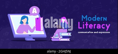 Modern literacy web banner illustration of young woman student reading book with teacher in online computer class. E-learning or remote education conc Stock Vector