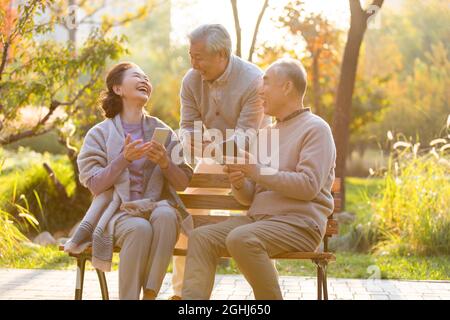 Cheerful senior adult using smart phones in the park Stock Photo