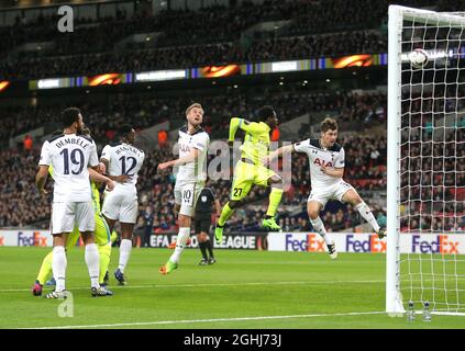 Harry Kane of Tottenham Hotspur scores an own goal to make the score 1-1 during UEFA Europa League football match Stock Photo
