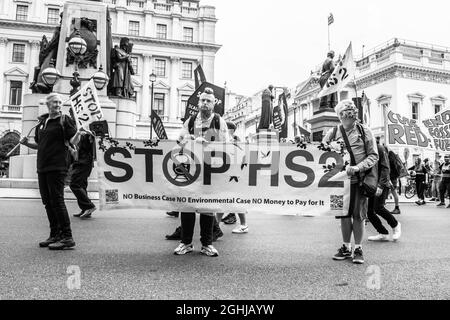 LONDON, ENGLAND- 4 September 2021: Extinction Rebellion protesting against HS2 in London as part of XR's UK Rebellion Stock Photo