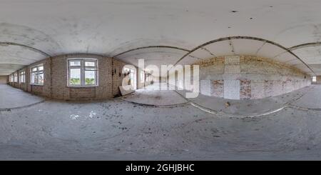 360 seamless hdri panorama view inside empty long corridor hall of abandoned house with concrete bricks walls in equirectangular spherical projection, Stock Photo