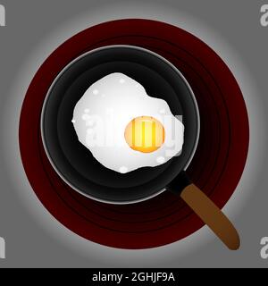 Top view of fried eggs in a frying pan on a hot stove. Stock Vector