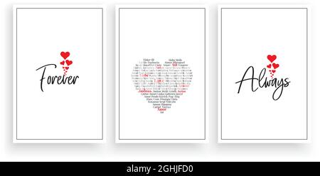 Forever and always, vector. Scandinavian minimalist poster design in three pieces. Romantic love quotes. Love in different languages Stock Vector