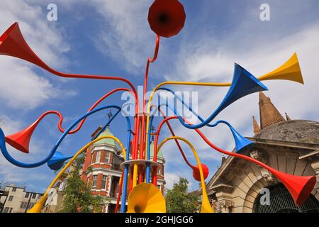 Sonic Bloom, interactive installation by artist Yuri Suzuki in Brown Hart Gardens, Mayfair, London Stock Photo