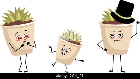 Family of cute indoor plant in a pot characters with joyful emotions, face, happy eyes, arms and legs. Mom is happy, dad is wearing a hat and the child is dancing Stock Vector