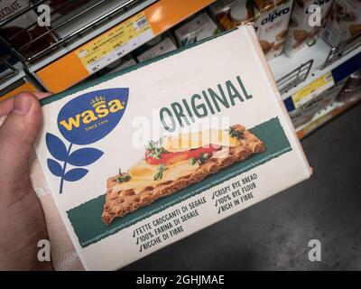 Picture of a pack of dry crsibread with the logo of Wasa for sale in Belgrade, Serbia. Wasa, or Swedish company Wasabrod is the largest producer in th Stock Photo