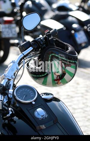 BREMEN, GERMANY - Sep 05, 2021: close up of the helmetthe helmet is to protect the head the helmet is painted with a motif Stock Photo