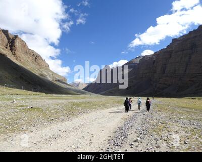 Start of 53km circumambulation trek of Mount Kailash from Tarboche, with the mountain's south face visible in the background, Tibetan Autonomous Regio Stock Photo