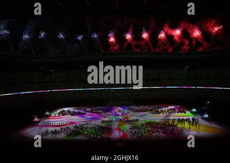 Fireworks and colourful projections on the stadium floor during the Tokyo 2020 Paralympic Games Closing Ceremony on September 5, 2021 at the Olympic Stadium in Tokyo, Japan. Credit: Koji Aoki/AFLO SPORT/Alamy Live News Stock Photo