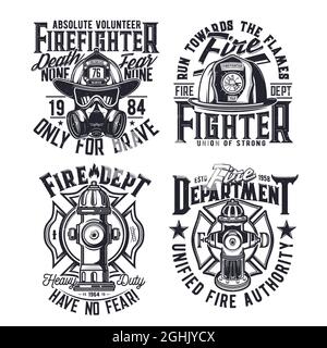Tshirt print with firefighters equipment hydrant, gas mask, glasses and helmet vector emblems for apparel design. Fire department rescue team emergenc Stock Vector