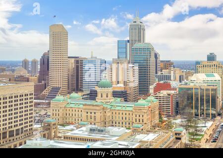Downtown Indianapolis skyline with blue sky in USA Stock Photo