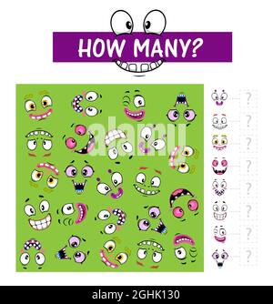 Counting game or puzzle with monster faces, vector children education. Counting math tasks for school and preschool kids, find and count how many cart Stock Vector