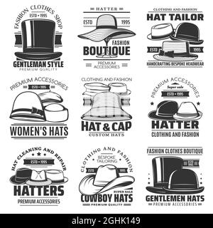 Hatter, hat tailor and cowboy hat icons, headwear shop or hatmaking millinery salon vector emblems. Gentlemen caps and women retro hats tailoring and Stock Vector