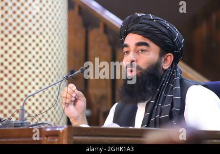 Kabul, Afghanistan. 6th Sep, 2021. Taliban spokesman Zabihullah Mujahid speaks during a press conference in Kabul, Afghanistan, Sept. 6, 2021. Credit: Str/Xinhua/Alamy Live News Stock Photo