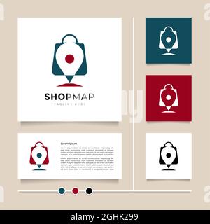 Creative idea Shop Map logo design. Blue red icon and symbol design vector with Combination of paper bag and map pin Stock Vector