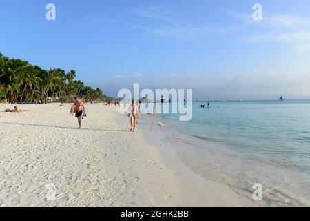 The pristine white sand beach on Boracay island, Aklan province, The Philippines. Stock Photo