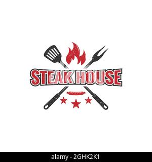 Steak house rustic logo emblem, Vintage Retro Countryside BBQ Grill vector illustration symbol Stock Vector