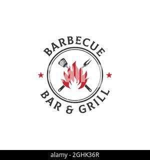 vintage grunge barbecue logo design, bar and grill vector illustration with rustic style Stock Vector