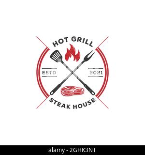 Steak house rustic logo emblem, Vintage Retro Countryside BBQ Grill vector illustration symbol Stock Vector