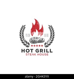 Hot grill steak house vintage logo designs, meat grill restaurant rustic vector illustration Stock Vector