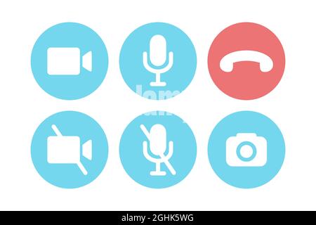 Virtual hangouts icons for conference call. Colored on and off video, sound, camera and call icons isolated on white background. Flat vector Stock Vector