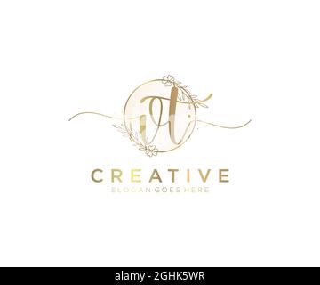 VT Feminine logo beauty monogram and elegant logo design, handwriting logo of initial signature, wedding, fashion, floral and botanical with creative Stock Vector