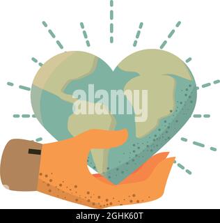 hand with green world in heart shape Stock Vector