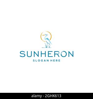 modern SUNHERON heron grass sunset logo design Stock Vector