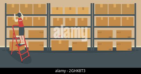Warehouse or storeroom: storekeeper on ladder near rack with cardboard boxes.Cargo in packages, tape dispenser and folders on shelf, staircase.Place Stock Photo