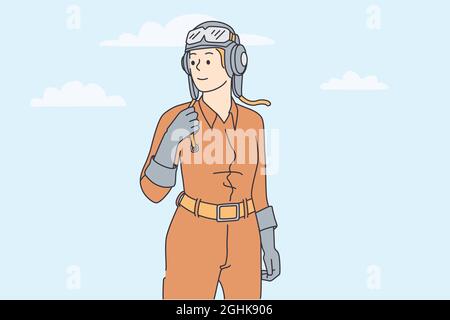 Woman working as pilot concept. Young smiling woman in helmet and protective clothes standing looking away feeling freedom and confidence vector illustration  Stock Vector