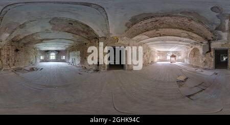 360 seamless hdri panorama view inside empty hall of abandoned house with concrete bricks walls in equirectangular spherical projection, ready AR VR v Stock Photo